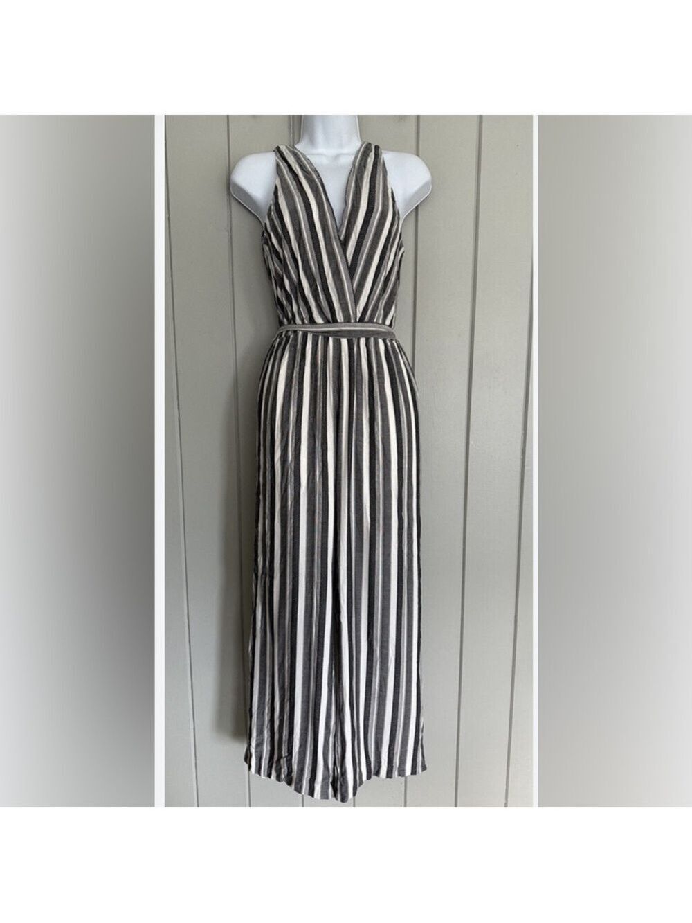 Amanda Uprichard Monochrome Striped wide leg belted jumpsuit size small - Picture 2 of 9
